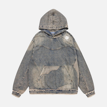 Unisex Washed Distressed Fuzzy Denim Hoodie
