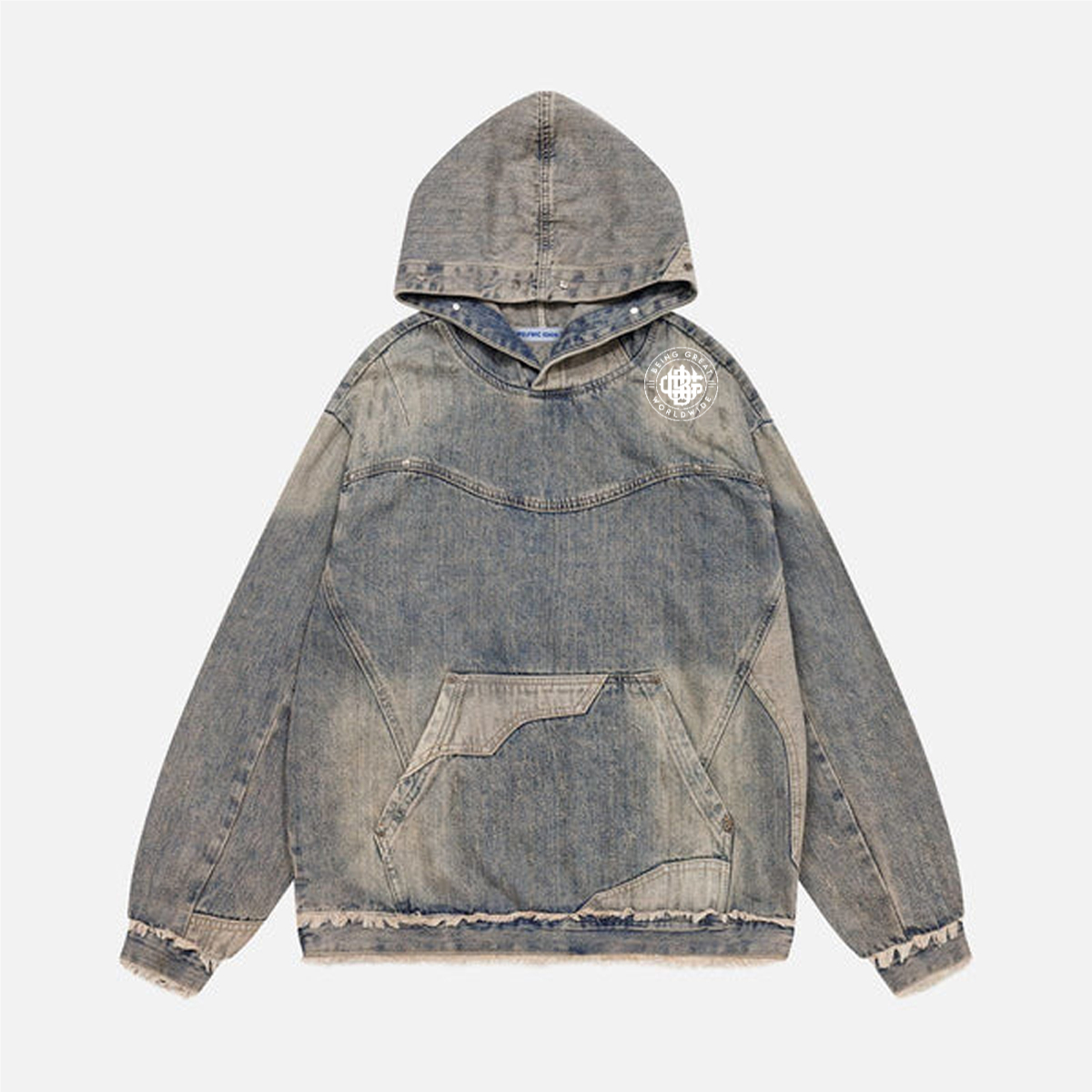Unisex Washed Distressed Fuzzy Denim Hoodie