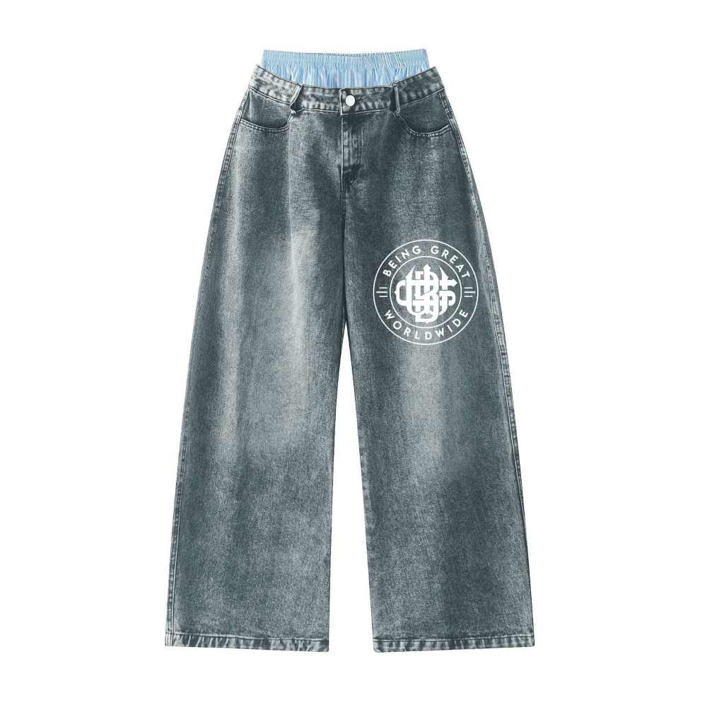 Unisex Double Waist Hip-hop Style Wide Leg Jeans