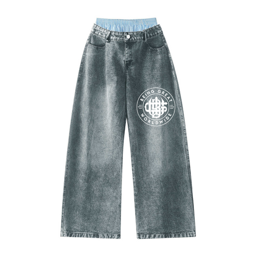 Unisex Double Waist Hip-hop Style Wide Leg Jeans
