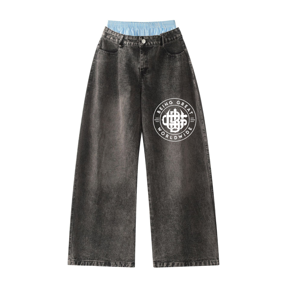 Unisex Double Waist Hip-hop Style Wide Leg Jeans