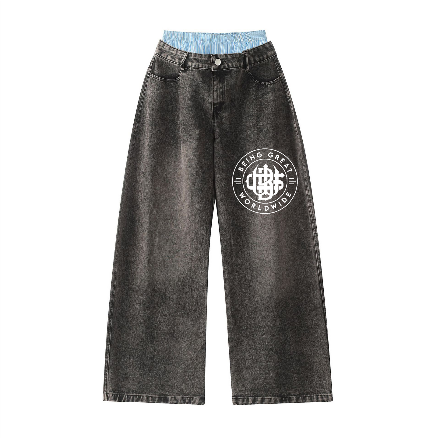 Unisex Double Waist Hip-hop Style Wide Leg Jeans