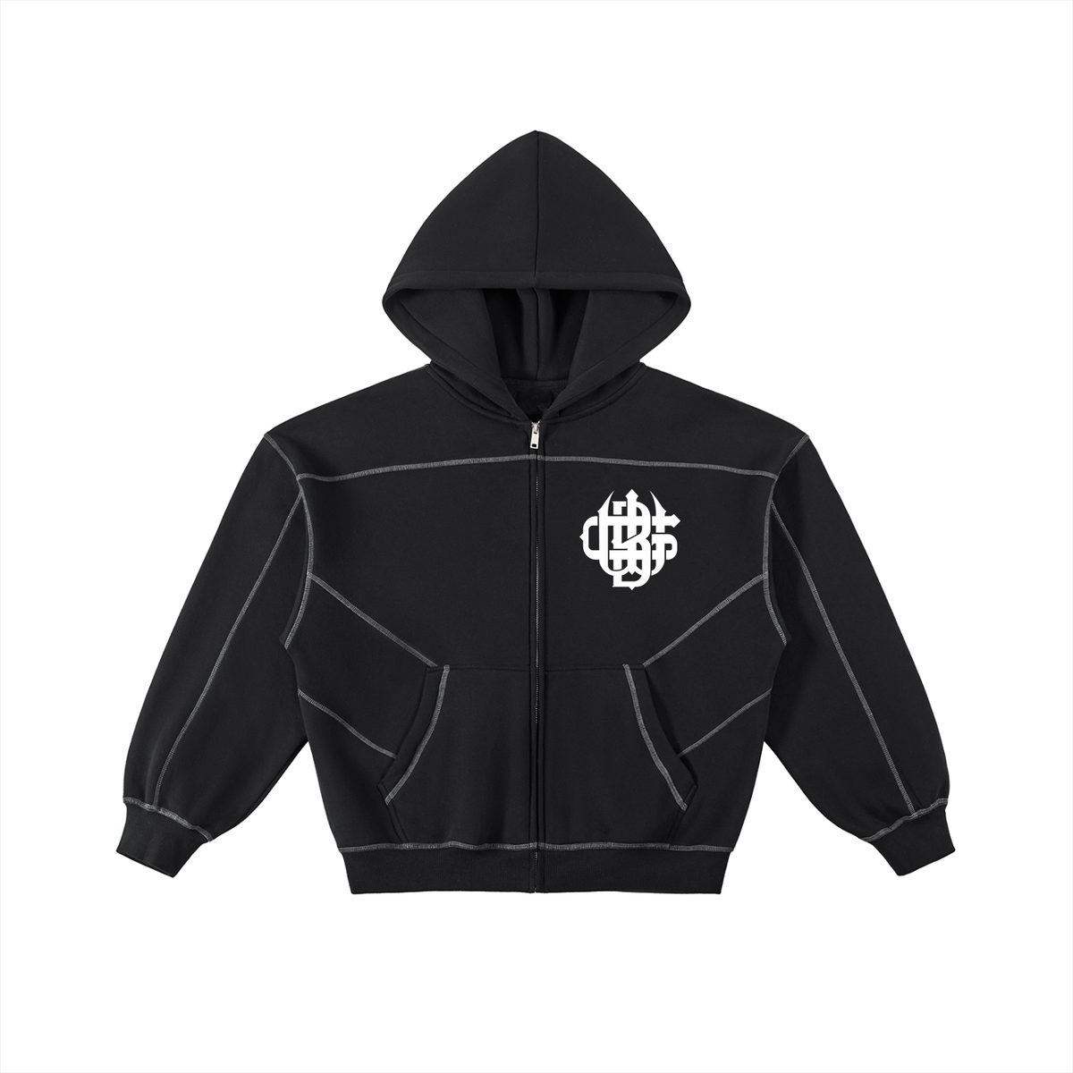 Contrast-Stitched Boxy Fleece Zip Hoodie