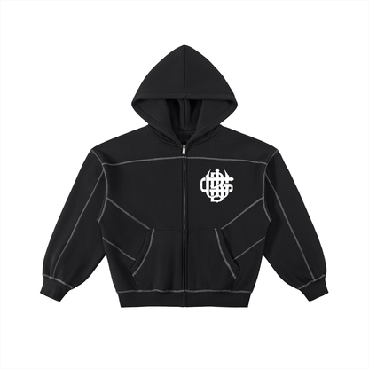 Contrast-Stitched Boxy Fleece Zip Hoodie