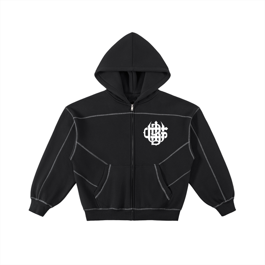 Contrast-Stitched Boxy Fleece Zip Hoodie