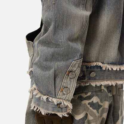 Unisex Washed Distressed Fuzzy Denim Hoodie