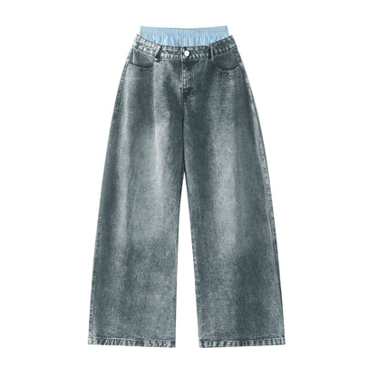 Unisex Double Waist Hip-hop Style Wide Leg Jeans