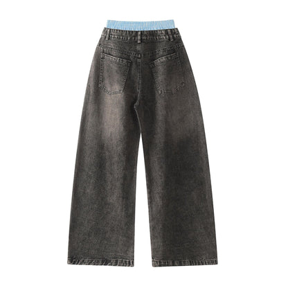 Unisex Double Waist Hip-hop Style Wide Leg Jeans