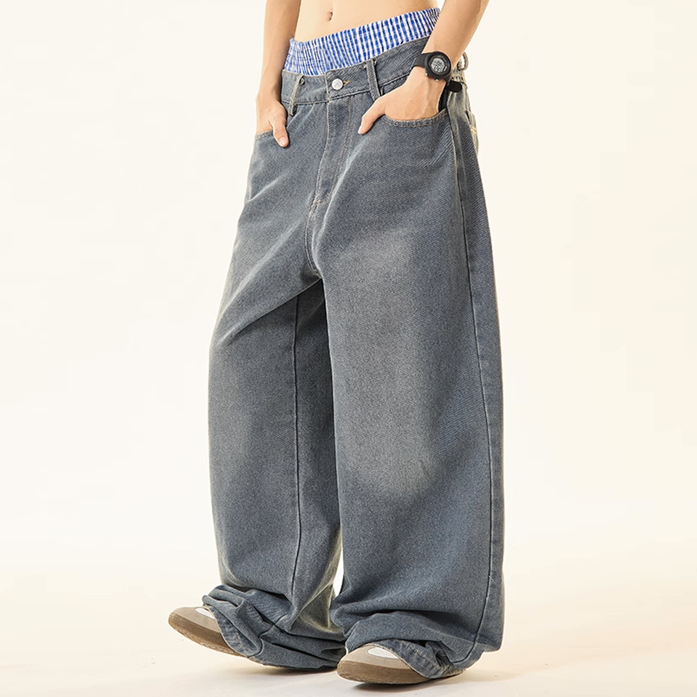 Unisex Double Waist Hip-hop Style Wide Leg Jeans