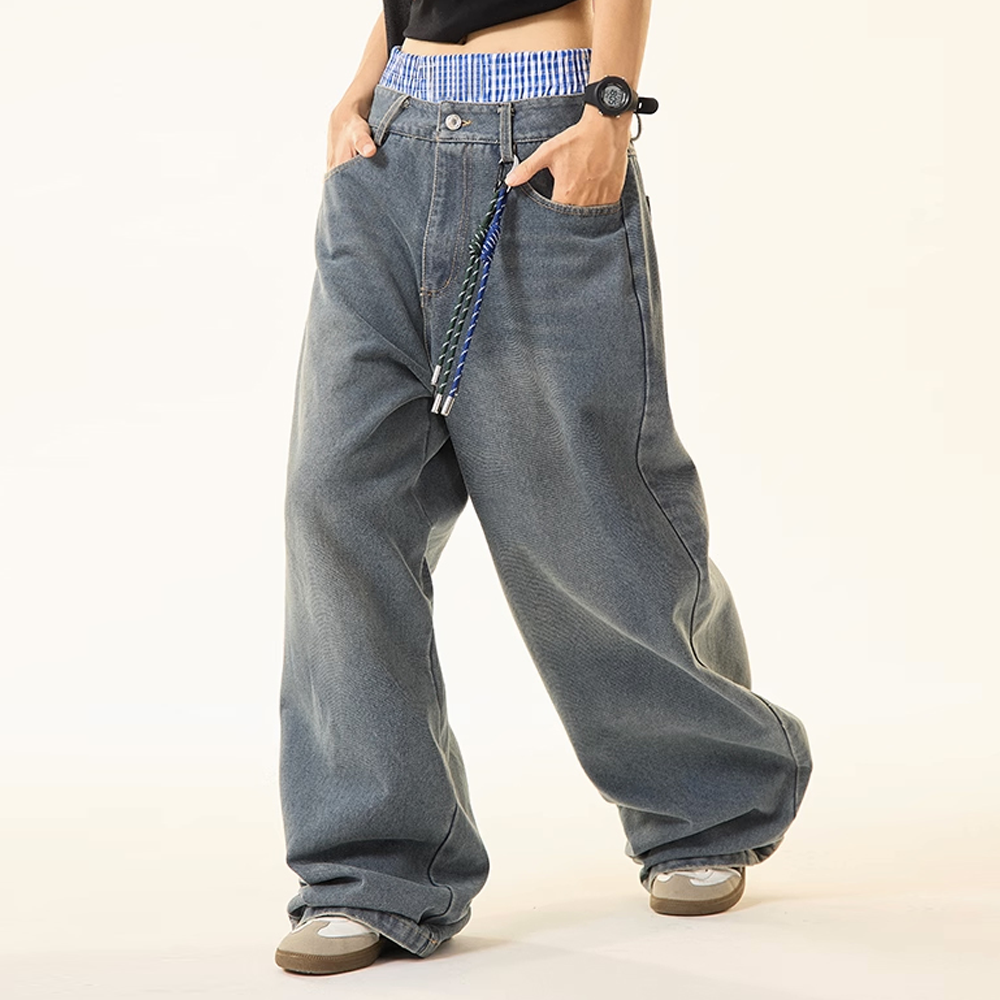 Unisex Double Waist Hip-hop Style Wide Leg Jeans