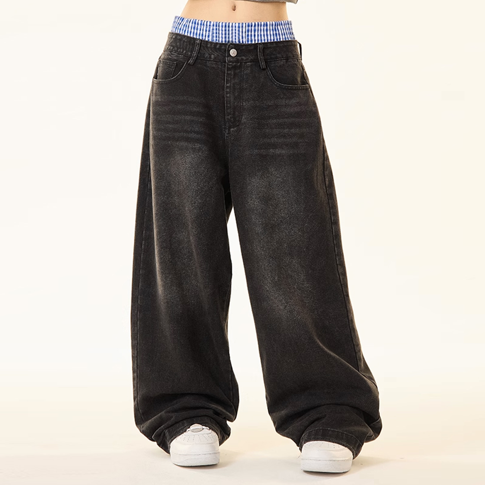 Unisex Double Waist Hip-hop Style Wide Leg Jeans