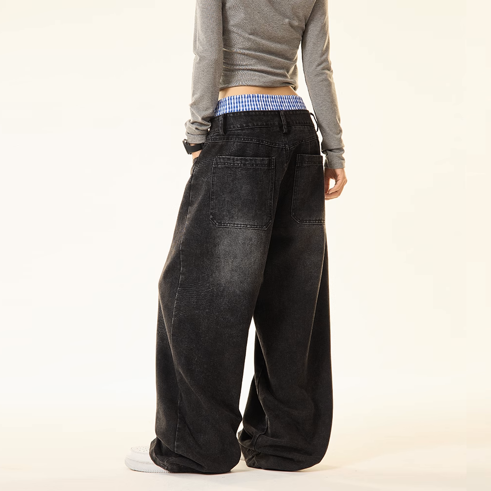Unisex Double Waist Hip-hop Style Wide Leg Jeans