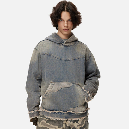 Unisex Washed Distressed Fuzzy Denim Hoodie