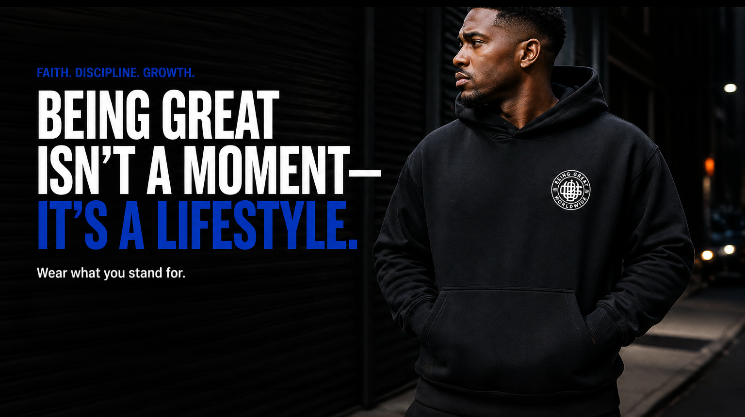 Man wearing a black hoodie with a logo, standing against a dark background with motivational text.